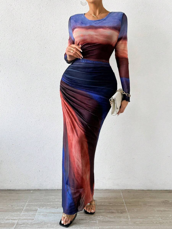 Elegant printed bodycon long sleeve maxi dress for women. Statement design & comfortable fit.