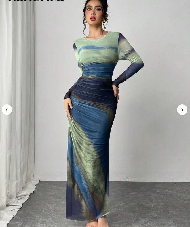 Vibrant printed bodycon long sleeve maxi dress for women. Comfortable and flattering silhouette.