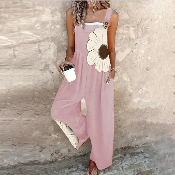 Front view of a women's comfortable printed jumpsuit, showing its relaxed fit and fashionable summer print.