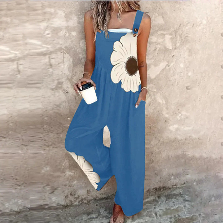 Detailed view of a women's printed overalls jumpsuit, emphasizing the comfortable fabric and adjustable design.