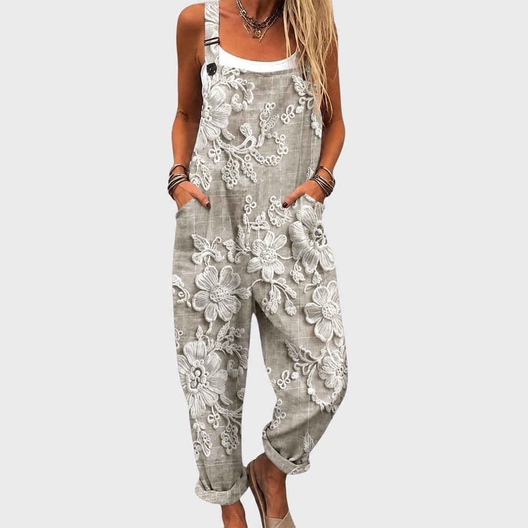 Women's comfortable printed wide leg jumpsuit with adjustable straps, perfect for casual summer fashion or travel.