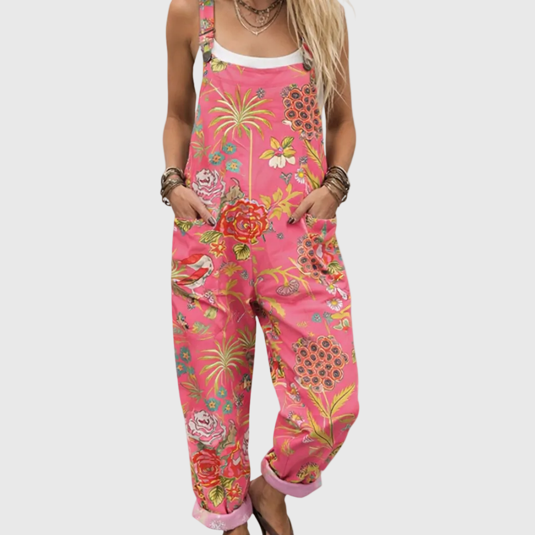 Women's comfortable printed wide-leg jumpsuit with floral design, perfect for summer casual wear or travel.