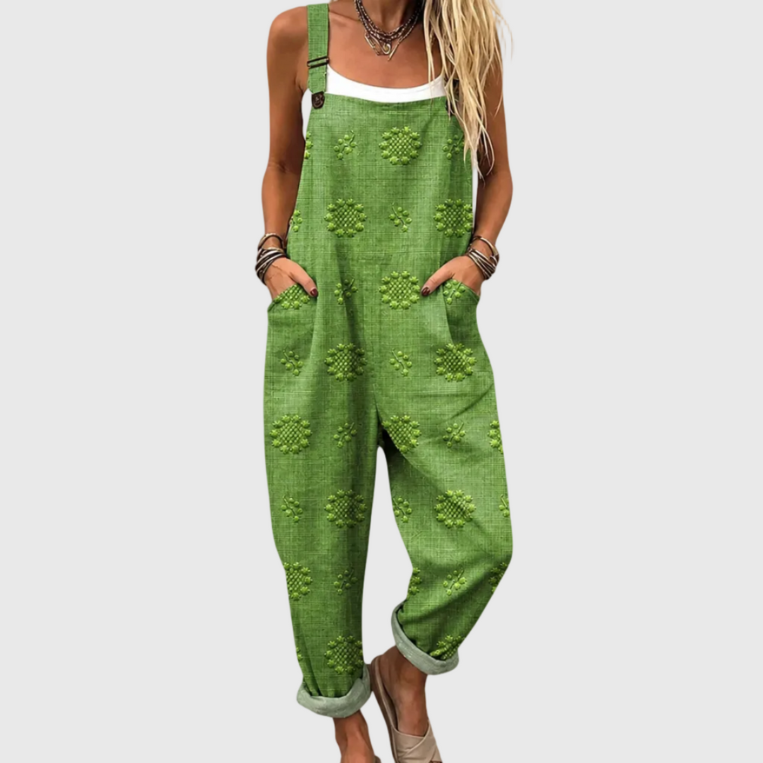 Women's comfortable printed wide-leg jumpsuit with adjustable straps, perfect for chic casual summer style.