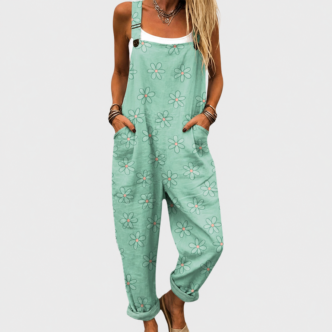 Women's comfortable printed wide-leg jumpsuit with adjustable straps, perfect for stylish summer casual wear.