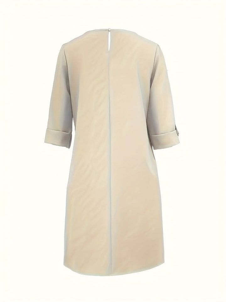 Elegant women's round neck dress, a comfortable midi for spring fashion and everyday versatile style.