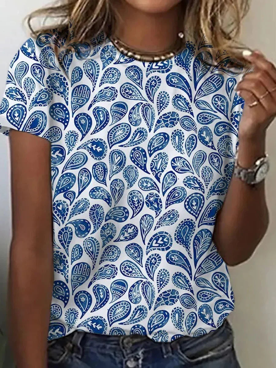 Women's comfortable short-sleeve paisley t-shirt with a relaxed fit for stylish everyday casual wear.