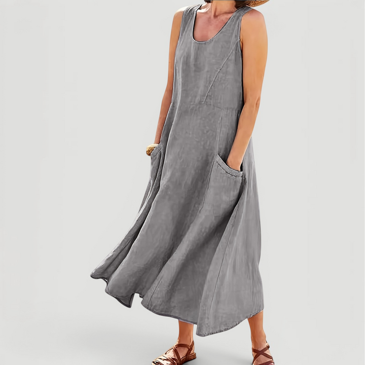 Women's comfortable sleeveless A-line midi dress, perfect for summer casual wear. Relaxed fit.