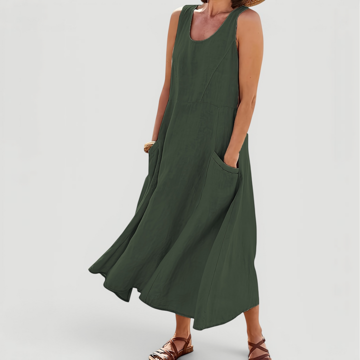 Casual women's summer midi dress, comfortable A-line silhouette with sleeveless design. Easy to wear.
