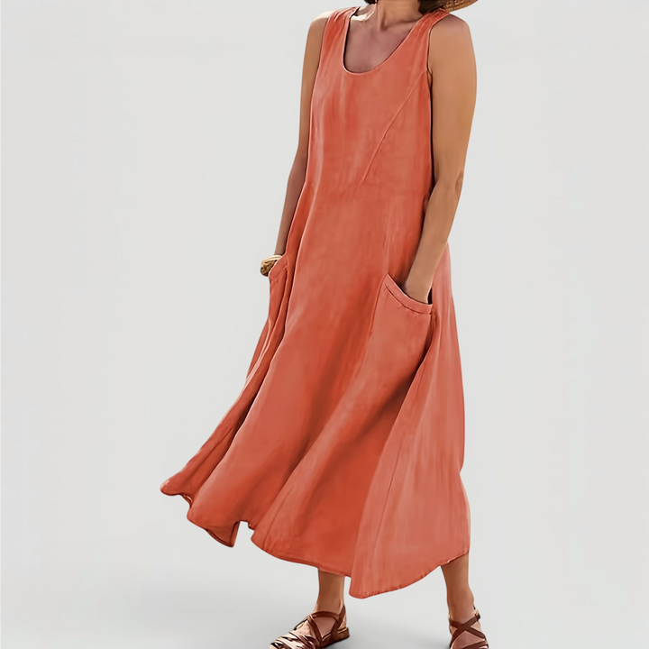 Lightweight women's sleeveless midi dress, A-line cut for ultimate summer comfort. Perfect casual outfit.