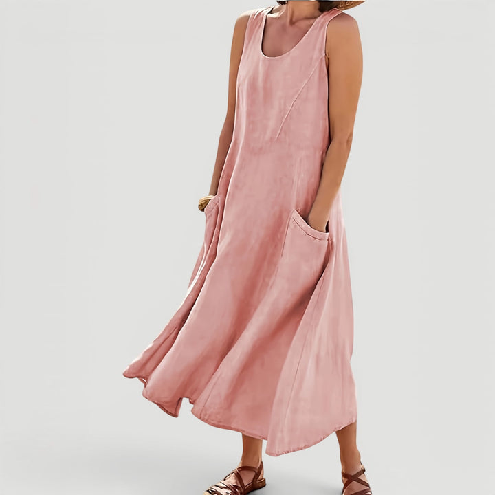 Elegant yet comfortable A-line midi dress for women, sleeveless, ideal for a relaxed summer day.