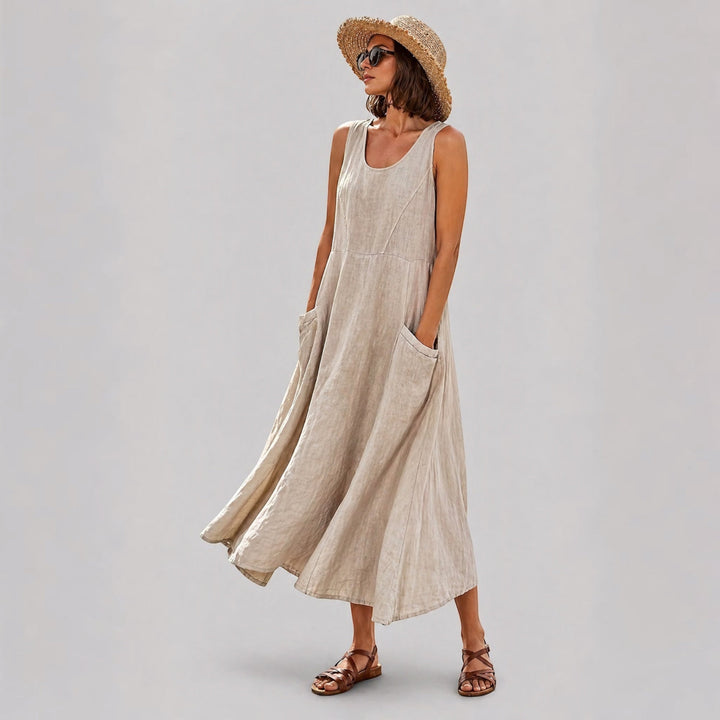 Chic women's summer A-line midi dress, comfortable and sleeveless, perfect for a relaxed casual look.