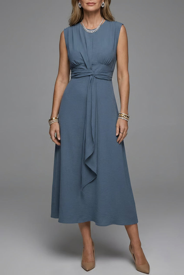 Chic women's sleeveless round neck midi dress, an elegant and versatile style for flattering everyday fashion.