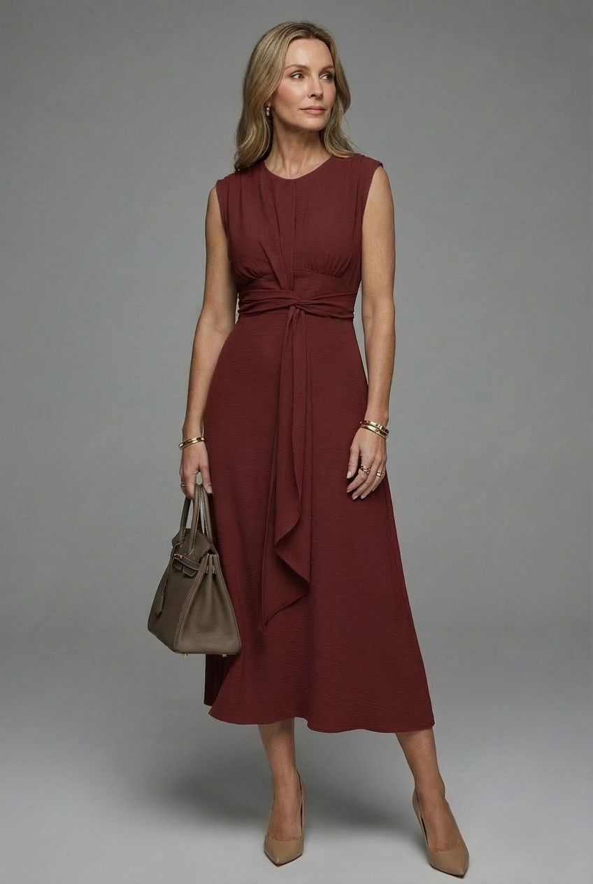 Flattering women's sleeveless midi dress with a comfortable round neck, perfect for everyday chic style.