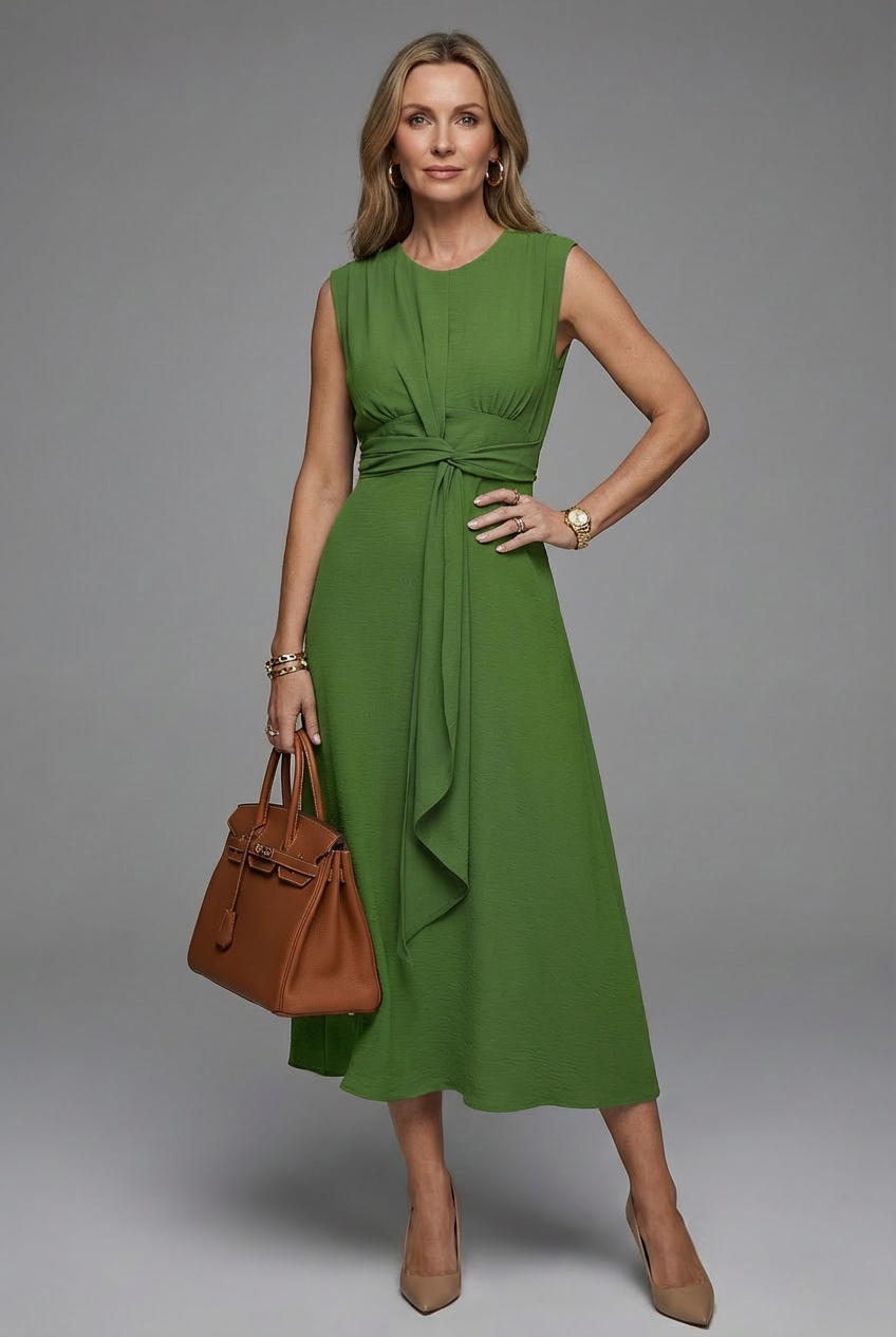 Timeless women's sleeveless midi dress, comfortable round neck design, a chic addition to spring fashion.