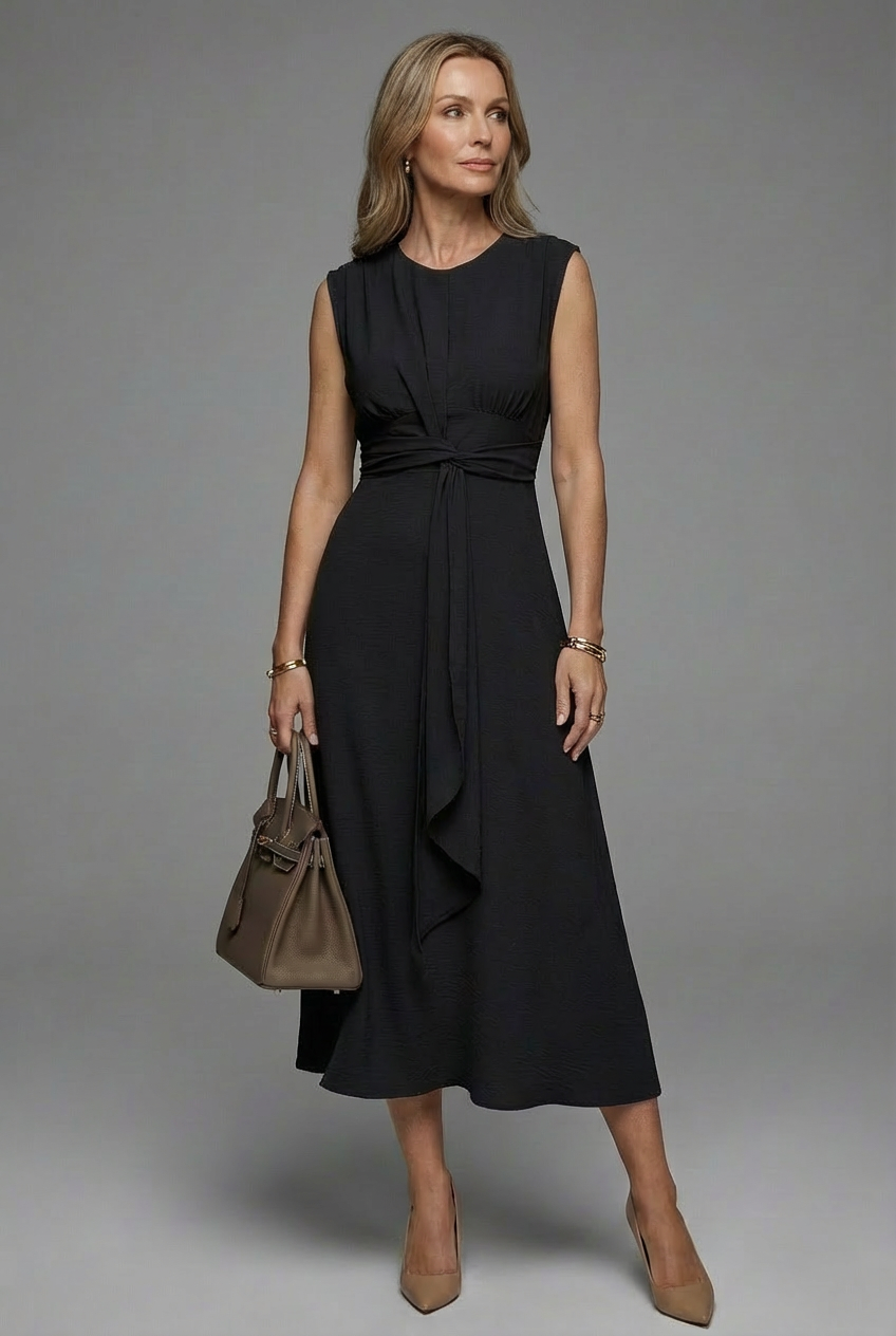 Effortlessly chic women's sleeveless round neck midi dress, comfortable and perfect for everyday elegance.