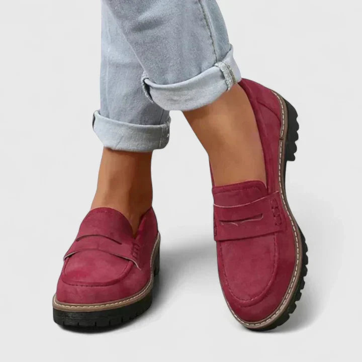 Green women's casual loafers, featuring orthopaedic arch support & comfortable slip-on design.