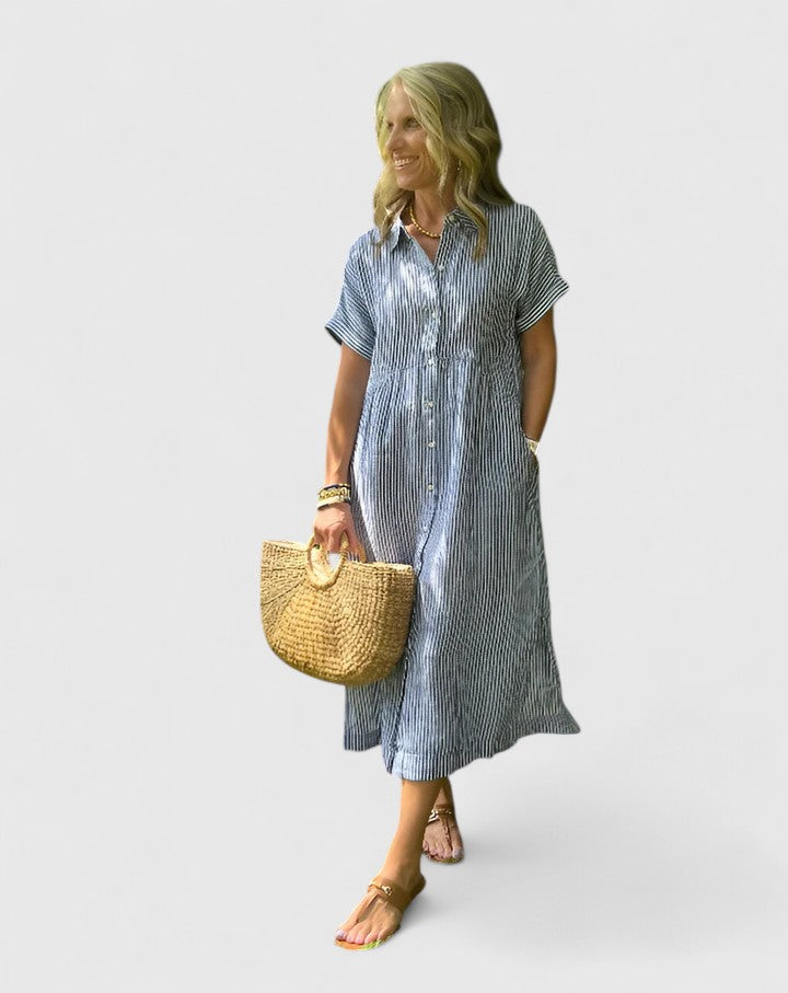 Women's comfortable striped midi dress with long sleeves for effortless style.