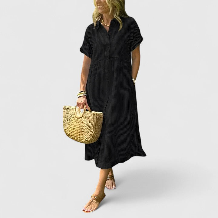Women's everyday striped dress, comfortable long sleeve midi style, elegant & versatile.
