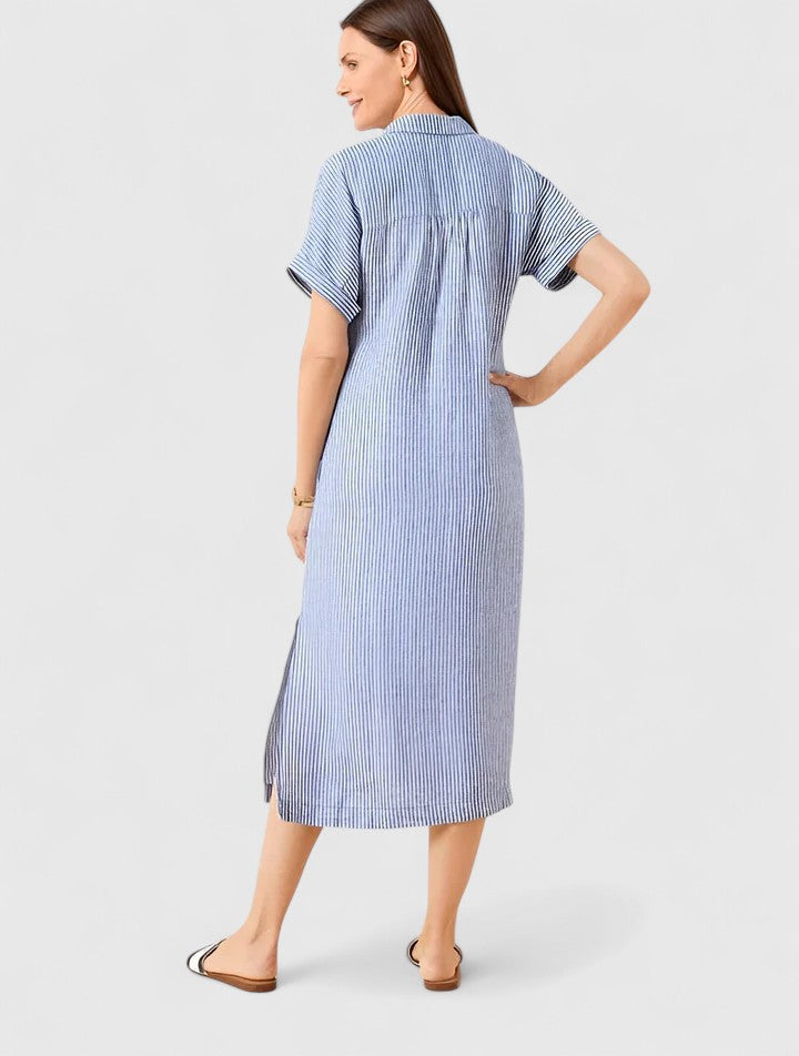 Flattering women's striped midi dress, designed for comfortable and stylish wear.
