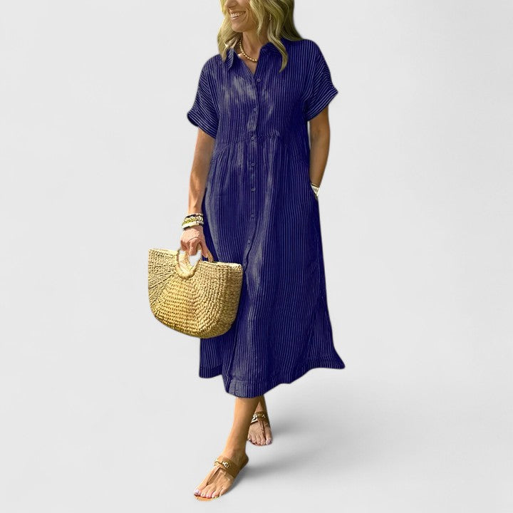Casual yet elegant women's striped dress, comfortable for everyday styling.
