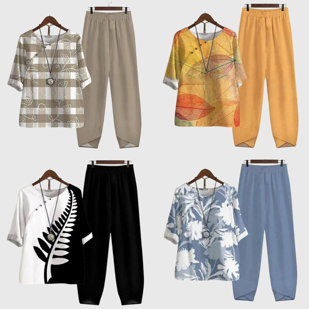 Elegant women's two-piece lounge set. Soft fabric top & matching pants for a comfortable, chic look.