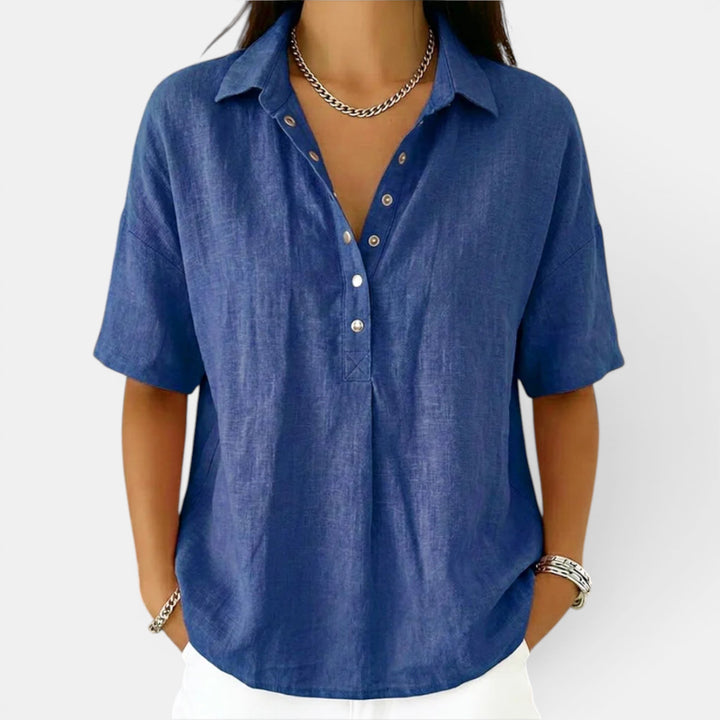 Women's comfortable V-neck blouse, short sleeve, perfect for casual or elegant everyday wear. Versatile women's top.