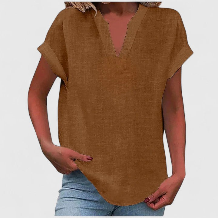 Women's comfortable V-neck blouse, short sleeve, relaxed fit, perfect for everyday chic & office.