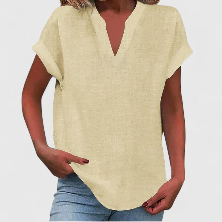 Everyday comfortable V-neck blouse, relaxed fit, versatile for casual wear and summer style.