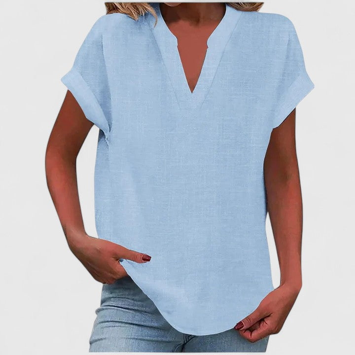 Women's comfortable V-neck top, short sleeve, elegant for office & casual, spring/summer fashion.