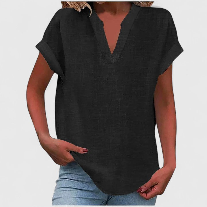Versatile short sleeve V-neck blouse for women, comfortable & office-friendly, summer style.