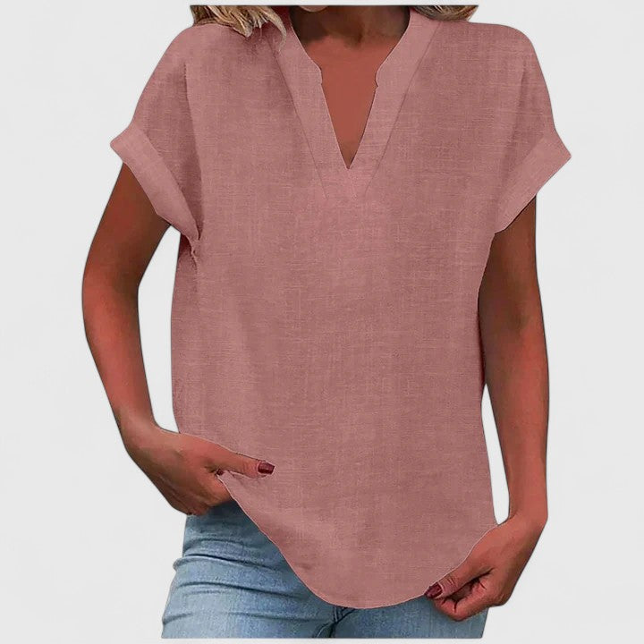 Effortless style V-neck blouse, short sleeve, relaxed fit, suitable for casual & office fashion.