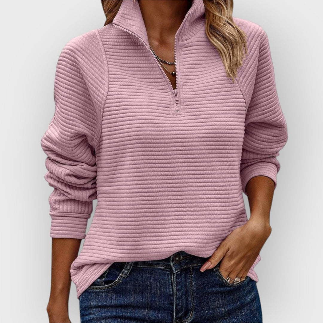 Women's comfortable V-neck zipper knit jumper, ideal for everyday wear & casual chic style. Long sleeve pullover.