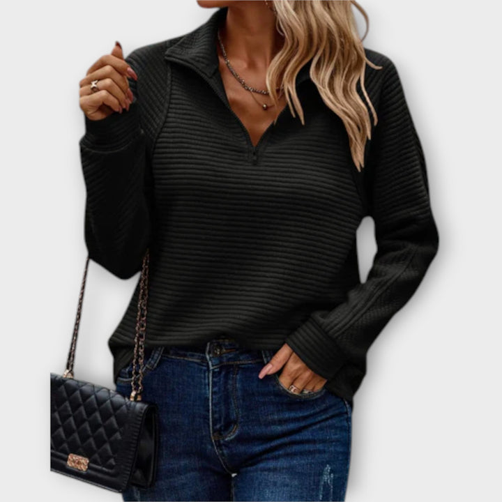 Chic women's V-neck zipper knit sweater. Comfortable long-sleeve pullover, great for elegant or casual outfits.