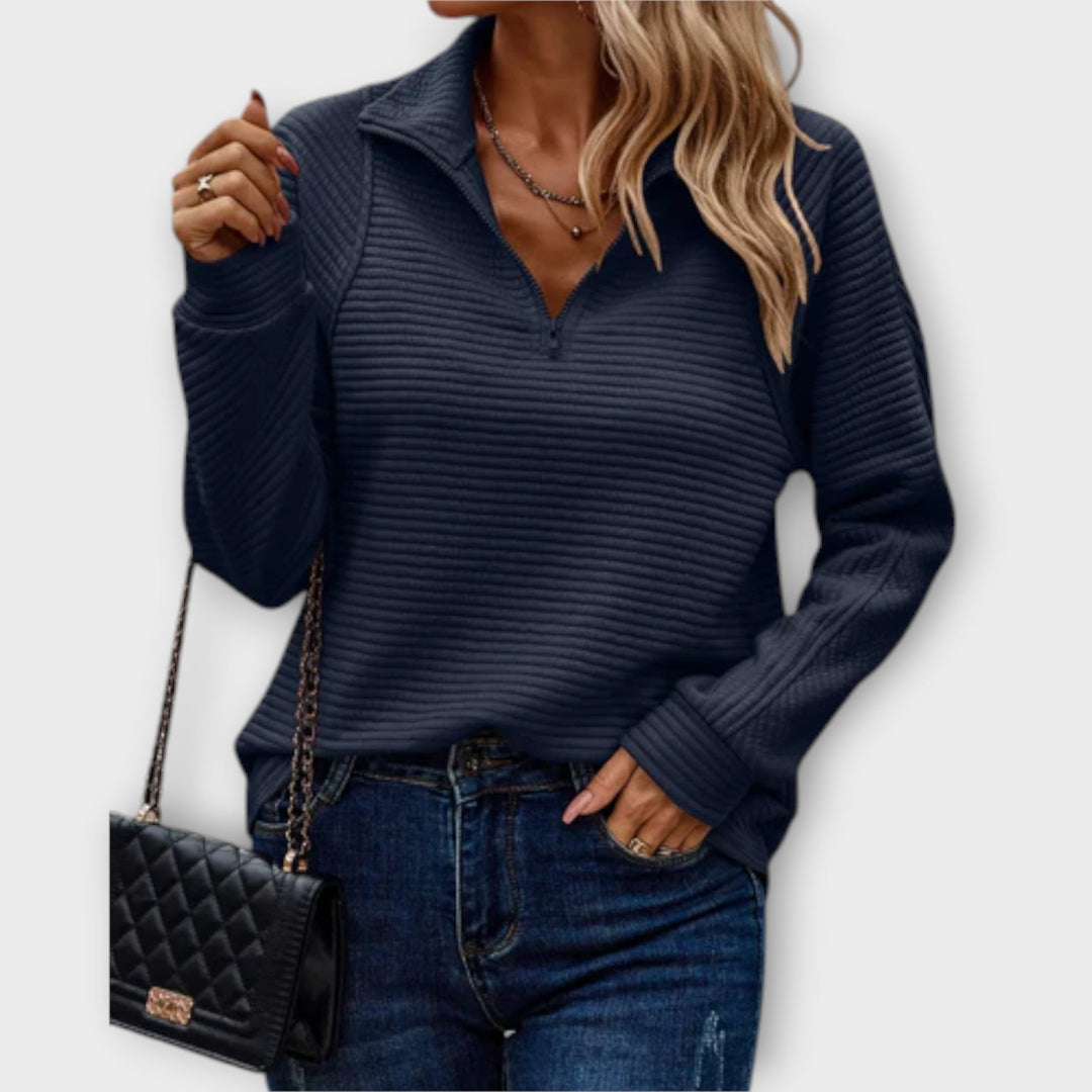 Everyday women's V-neck knit jumper with practical zipper. Comfortable long-sleeve pullover, a versatile top.