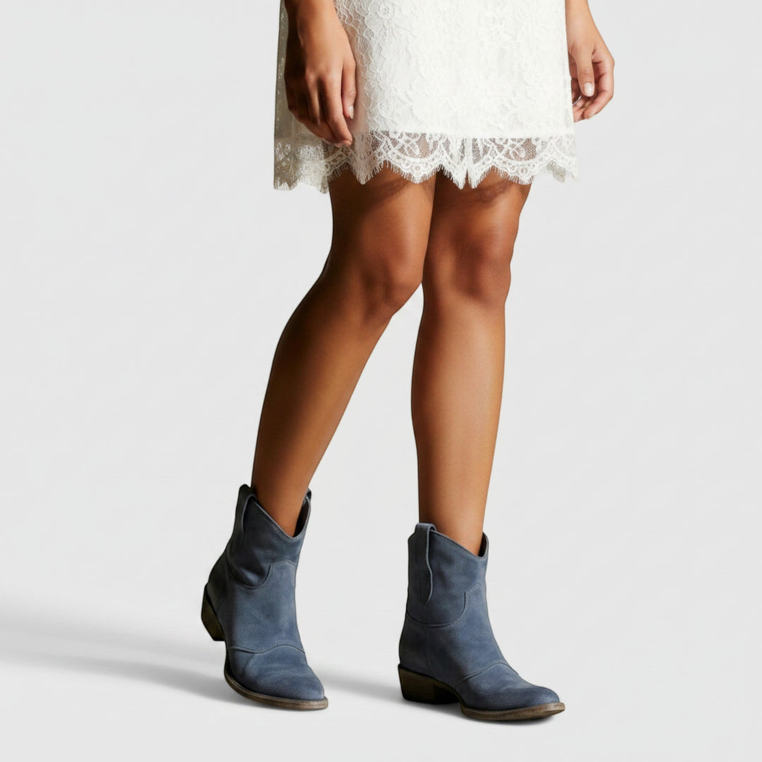Brown women's comfortable western ankle boots, versatile and fashionable flat heel footwear.