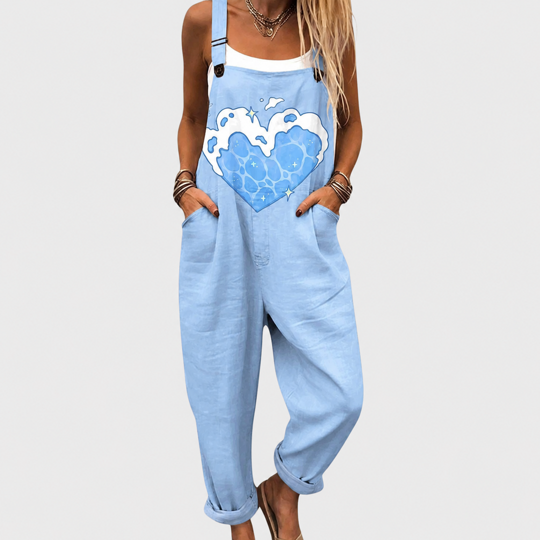 Women's comfortable wide-leg printed jumpsuit with an artistic floral design, perfect for casual summer or boho everyday wear.