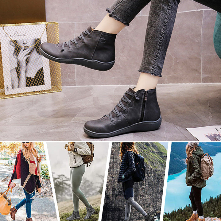Black PU leather ankle boots for women, orthopedic design for comfort, support & easy wear with side zip.