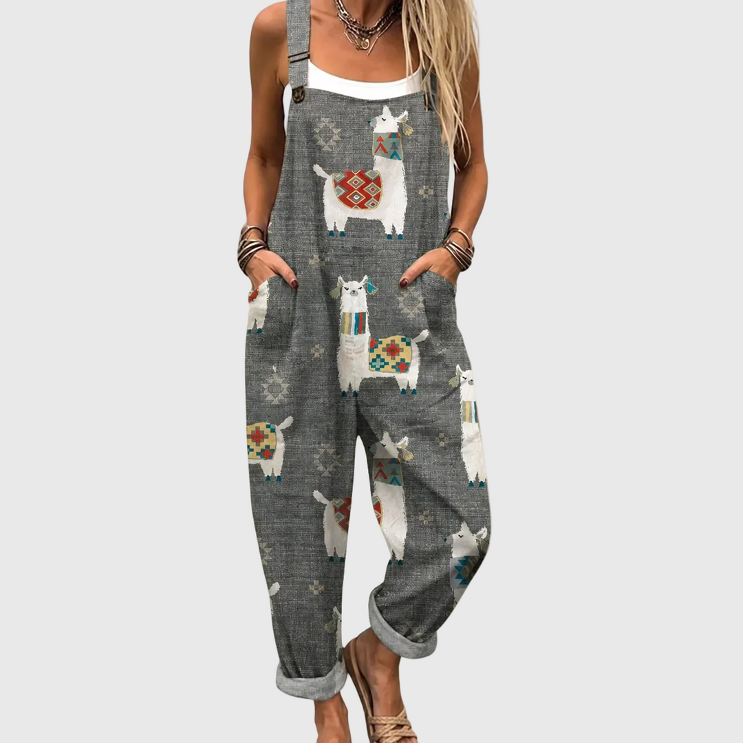 Women's comfy gray relaxed fit jumpsuit with cute llama pattern, perfect for casual wear & leisure.