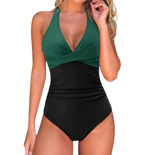 Vacation-ready women's one-piece swimsuit with V-neck, tummy control, & push-up for ultimate summer style.