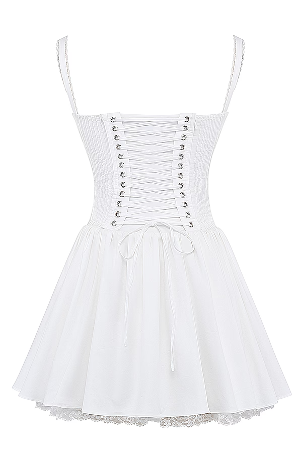 Elegant women's corset bodice flare mini dress, A-line cut with a sweetheart neckline for parties.