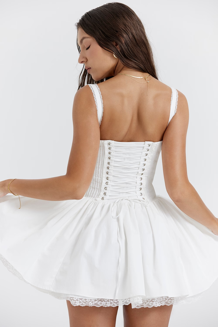 Chic women's party mini dress, corset style with a flattering flare skirt & sweetheart neckline.