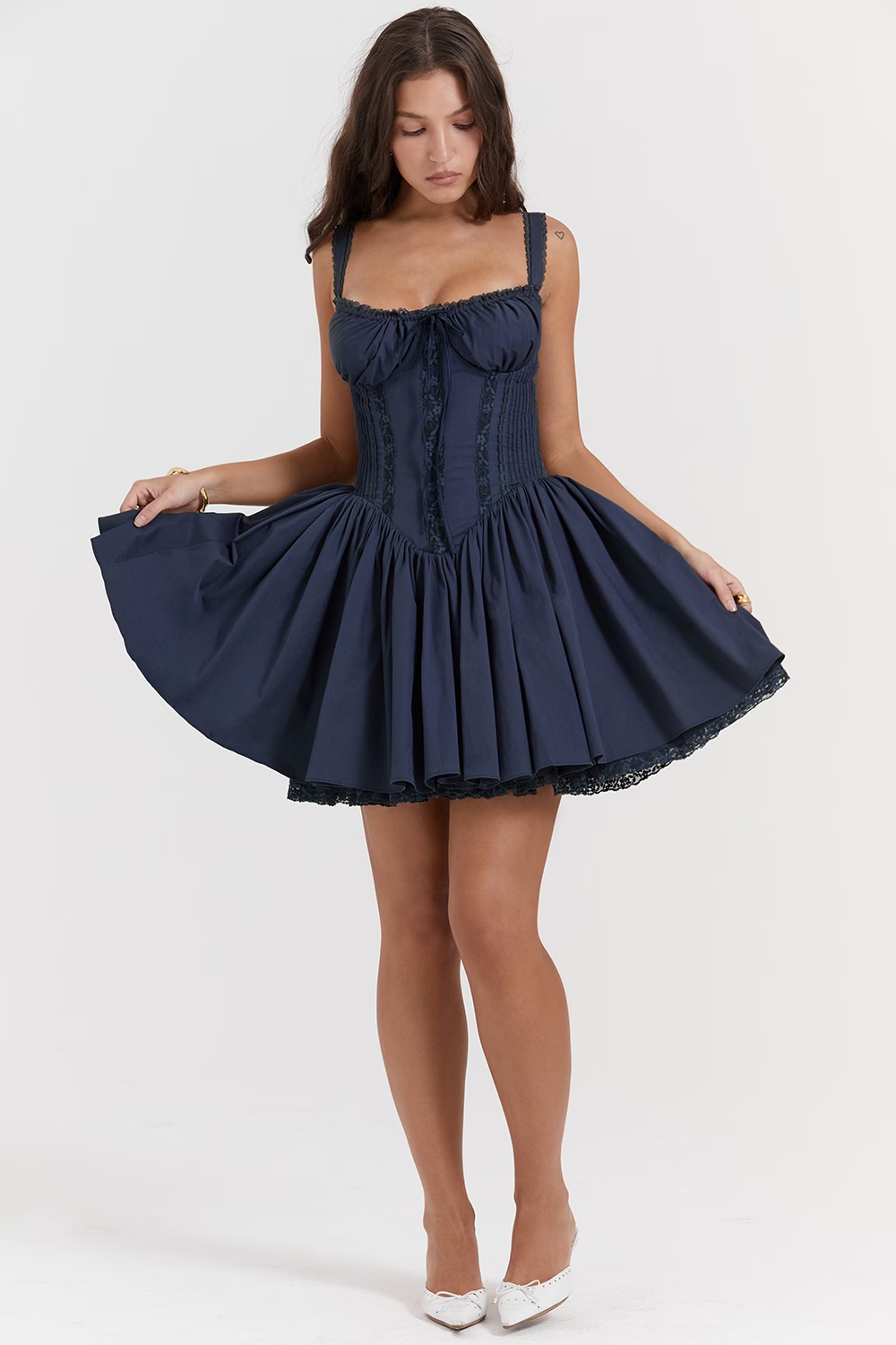 Trendy women's fashion: corset flare A-line mini dress with a lovely sweetheart neckline.