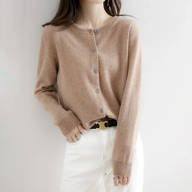 Soft knit women's button-up cardigan. Ideal cozy sweater for fall fashion & elegant winter wear layering.