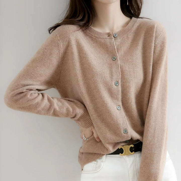 Warm women's button-up long sleeve cardigan. Comfortable layering sweater, perfect for cozy fall & winter wear.