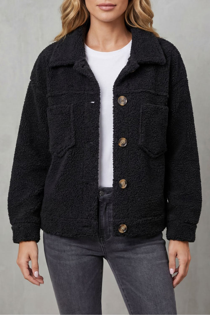 Women's cozy button-up jacket, perfect for stylish layering & everyday comfort.