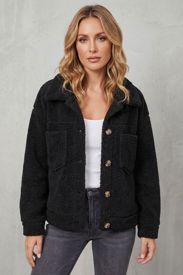 Sage women's cozy button-up jacket, ideal transitional outerwear for fall & spring fashion.