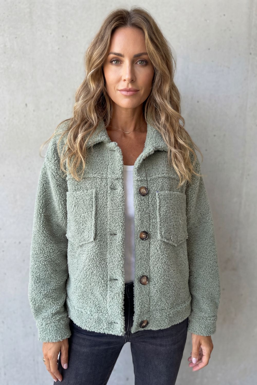 Pink cozy button-up jacket for women, a versatile layering piece for spring & fall outfits.