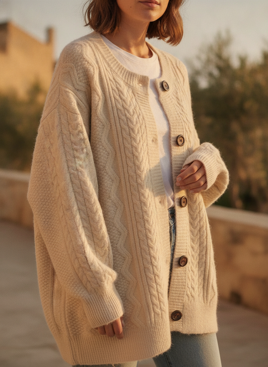 Women's cozy cable-knit button-down cardigan in a relaxed fit, perfect for autumn layering.