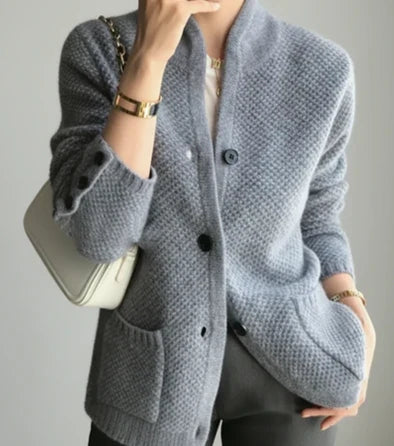 Casual women's long-sleeve cable knit cardigan with button front. Cozy sweater for everyday layering & warmth.