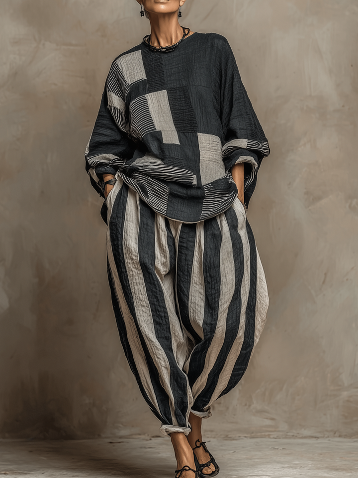 Women's cozy colour-block long-sleeve top & striped trouser two-piece loungewear set for autumn.